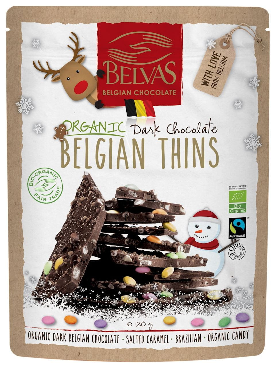 Dunkle Schokoladestücke mit gesalzenem Karamell und glutenfreien Bonbons von BELVAS, 120 g, sichtbar in der Verpackung.