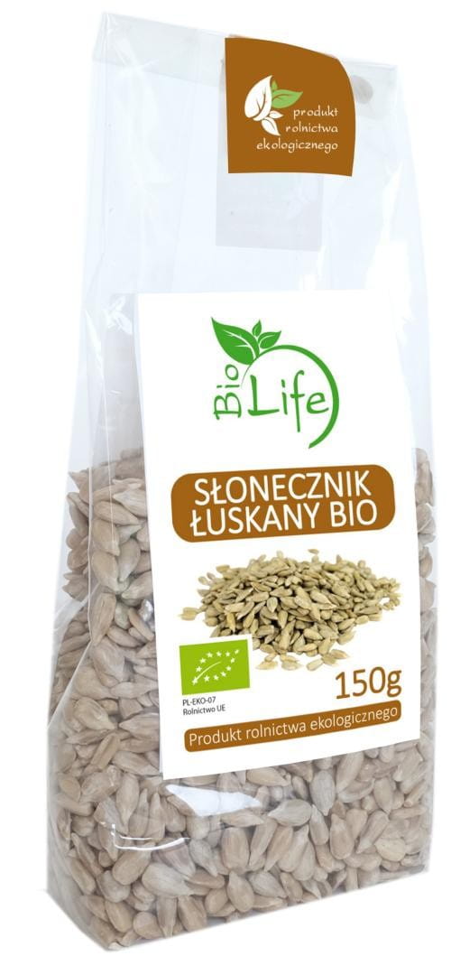 Geschälte Sonnenblumenkerne von BIO LIFE in 150g Packung, bio und nachhaltig, sichtbar auf der Verpackung.