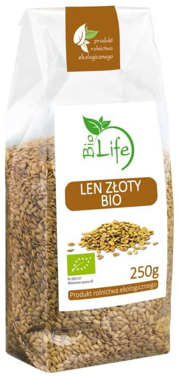 Goldener Flachs in 250g Bio-Qualität von BIO LIFE, frisch und gesund, liegt sichtbar in einer transparenten Verpackung.