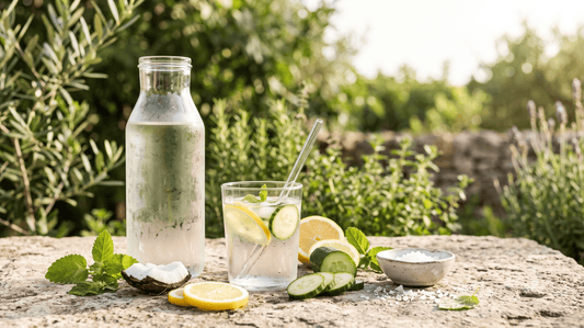 **Alt-Text:** Elektrolytgetränk mit Wasser, Zitrone, Gurke, Kokosnuss und Meersalz auf einem hellen Tisch im Sommer.