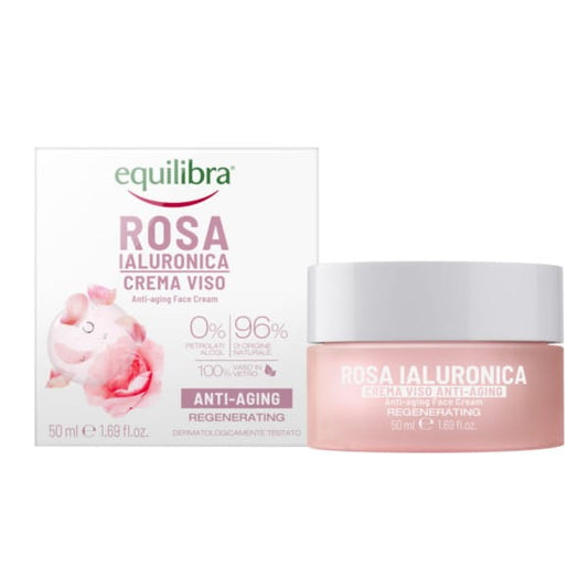Equilibra Rose Anti-Aging Creme in einem 50 ml Tiegel, cremige Textur, mit Rosenextrakt für die Hautpflege.
