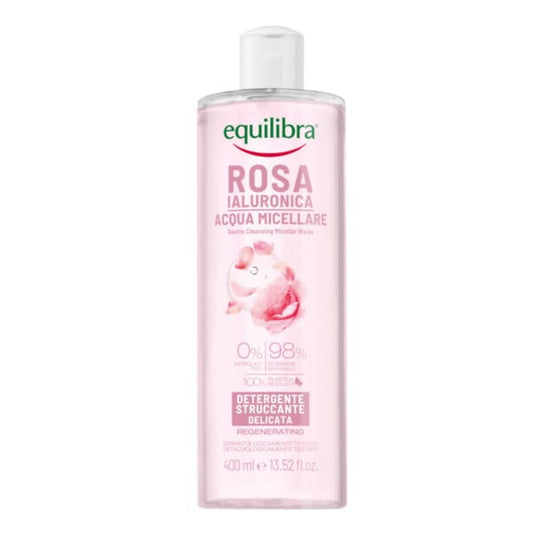 Equilibra Rose Micellar Wasser in einer 400 ml Flasche, zeigt die klare Flüssigkeit und die rosafarbene Verpackung.