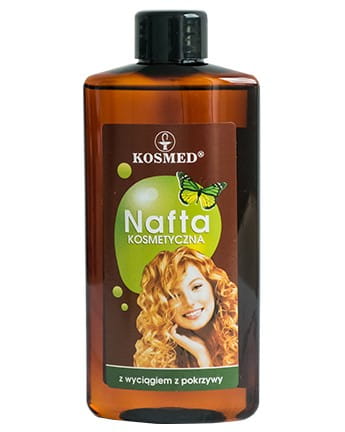 Kosmed Nafta Cosmetica mit Brennnessel in 150ml Flasche, natürliche Hautpflege mit Brennnesselextrakt, sichtbare Inhaltsstoffe.
