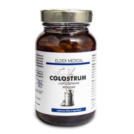 Eldex Medizinisches Kolostrum in Dosierungsflasche, hochwertiges Nahrungsergänzungsmittel von Eldex Medical, Nahaufnahme.