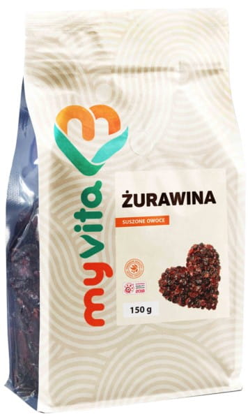 Getrocknete Preiselbeeren von MYVITA in 150 g Packung, frische, natürliche Beeren mit roter Farbe und getrockneter Textur.