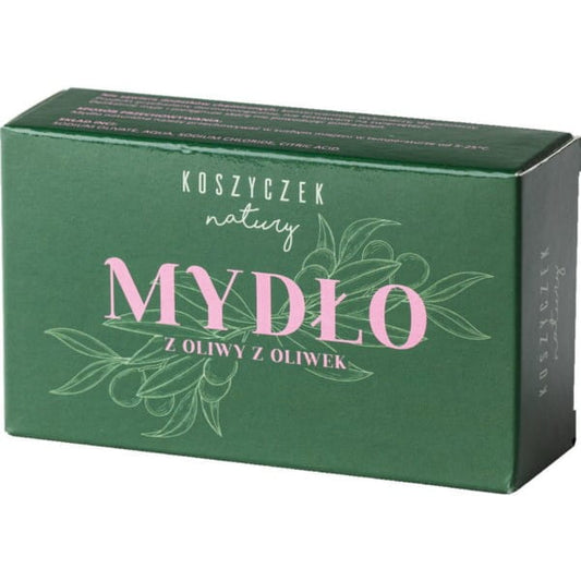 KOSZYCZEK NATURY Olivenölseife 200 g, handgefertigte Seife mit Olivenöl, sichtbar in der Verpackung.