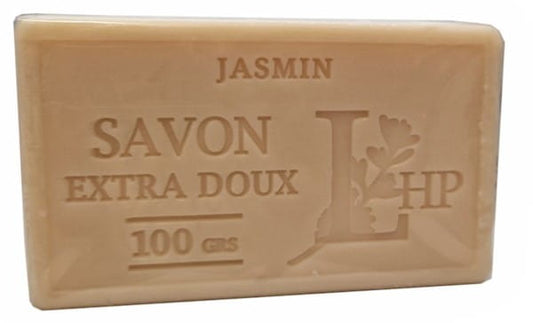 Seife mit Marseiller Jasmin-Duft, 100 g, von MYDŁO MARSYLSKIE LHP, zeigt die elegante Verpackung und die glatte Oberfläche