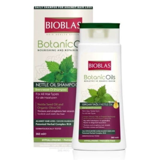 Bioblas BotanicOils Brennnessel Shampoo in 360 ml Flasche, zeigt das Shampoo mit grüner Verpackung und Brennnessel-Illustration