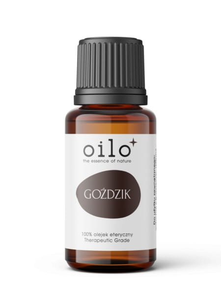 Bio Gewürznelkenöl von OILO in 5 ml Flasche, Nahaufnahme der ölgefüllten Flasche mit Nelken-Design.