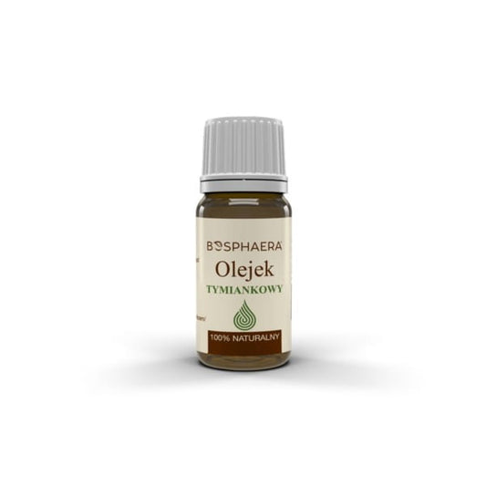 Bosphaera Thymianöl in 10 ml Flasche, naturreines Thymianöl, zeigt die Flasche mit Thymianpflanzen im Hintergrund