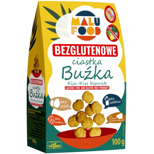 MALU FOOD glutenfreie Smiley-Kekse ohne Zucker, 100g, bunte Kekse mit Smiley-Gesichtern auf Verpackung