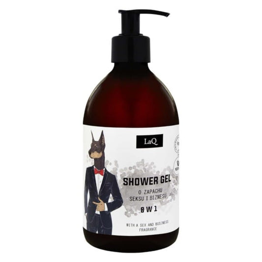 LAQ Dobermann Duschgel 8in1 in 500 ml Flasche, flüssiges Duschgel mit pflegender Wirkung, gelb-weißes Design, Produktflasche sichtbar