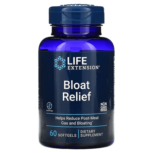 Bloat Relief von Life Extension, 60 Kapseln, zeigt die Verpackung mit Produktbeschreibung und Kapseln im Bild.
