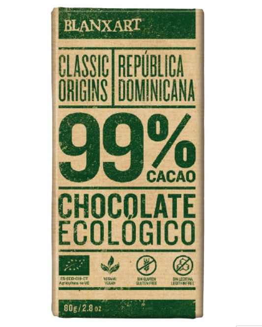 Dunkle Schokolade 99% von BLANXART aus der Dominikanischen Republik, Bio, Non-GMO, 80 g, Schokoladenriegel vor weißem Hintergrund