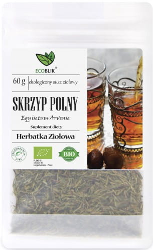 ECO-Schachtelhalm MEDICALINE EKO 60g in einer offenen Papierverpackung, frische grüne Blätter sichtbar