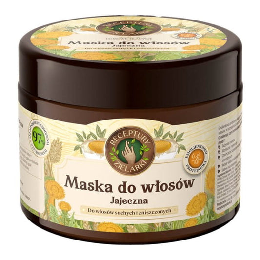 Haarmaske mit Ei und Kräutern in 300 ml Dose von RECEPTURY ZIELARKI, zeigt die cremige Textur in einer weißen Verpackung.
