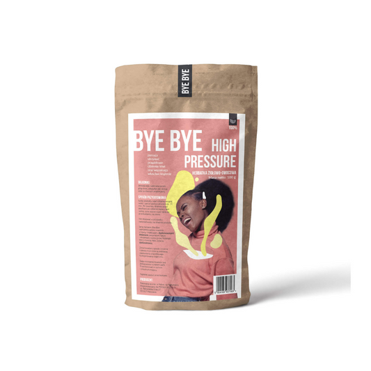 PERSEA Hochdrucktee von BYE BYE, 100g, mit Kräutern gegen Bluthochdruck, zeigt die Verpackung und Teeblätter in einem Glas.