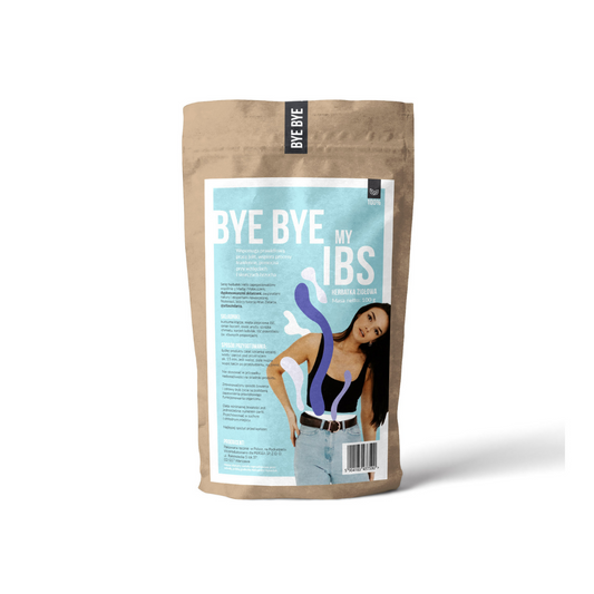 Tasse mit PERSEA BYE BYE my IBS Reizdarmsyndrom Tee, 100g, mit Kräuter- und Pflanzenbestandteilen.