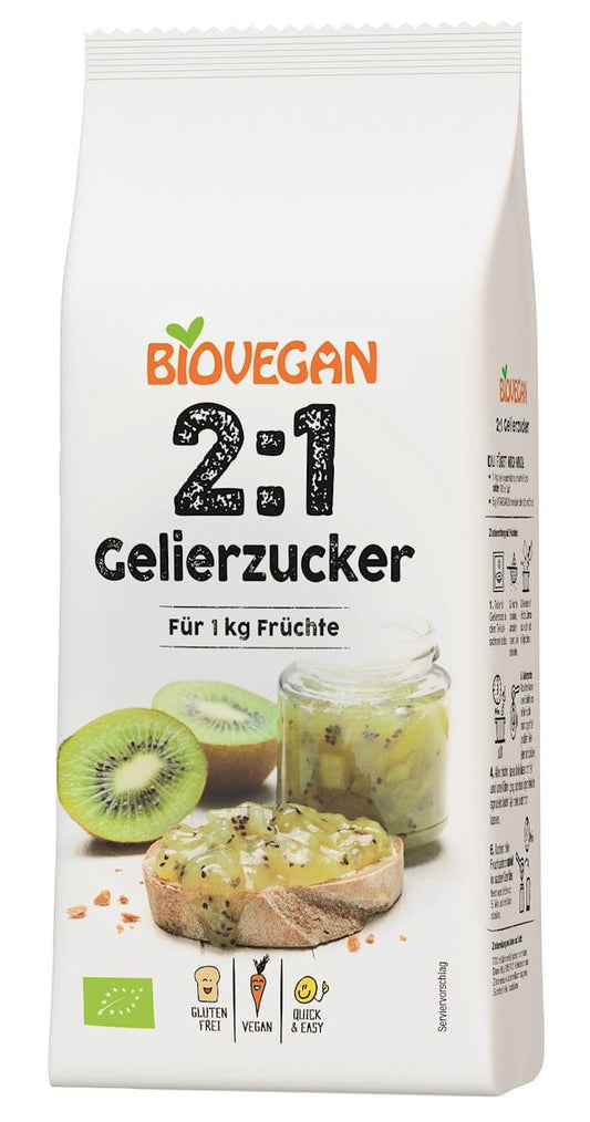 Bio-Gelierzucker 2:1, 500 g von BIOVEGAN, organischer Zuckersirup für Gelees und Marmeladen, in der Verpackung sichtbar