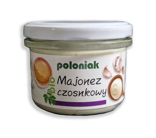 BIO Knoblauch Majonnaise von POLONIAK in 200 ml Flasche, cremige Knoblauch-Mayonnaise mit biologischen Zutaten, ideal für Salate und Sandwiches.