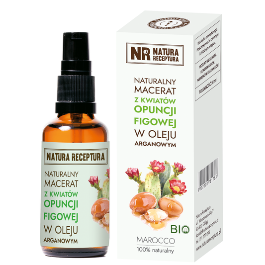 Mazerat aus Kaktusfeigenblüten in Arganöl von NATURA RECEPTURA, 50ml Flasche, zeigt das Produkt in einer dekorativen Verpackung