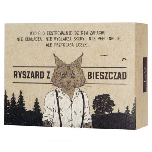 Handgemachte Bieszczady-Seife von LAQ Richard's, 85 g, mit natürlichen Inhaltsstoffen, zeigt die Seifenstück in weißer Verpackung
