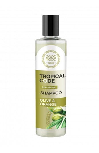 Gute Laune Olive & Orange Shampoo in 280 ml Flasche, zeigt die Verpackung mit frischen Oliven und Orangen auf der Vorderseite.