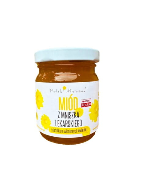 Löwenzahnhonig mit Blütenzusatz in Glas, hergestellt von SIEDLECKA MANUFAKTURY KAWY, mit Löwenzahnblüten und Honig.