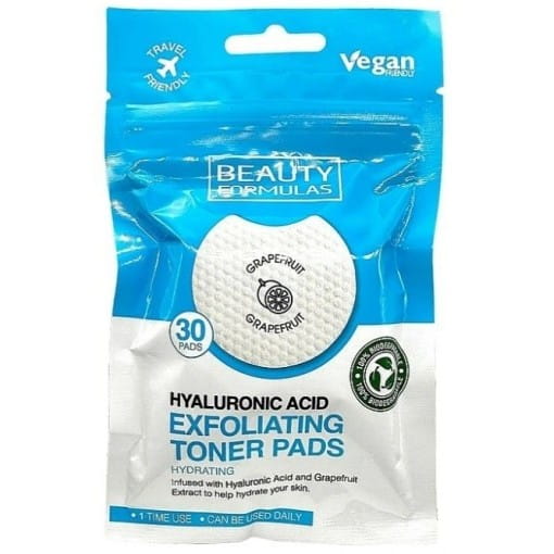 Gesättigte Peeling-Pads von BEAUTY FORMULAS mit Hyaluronsäure, für sanfte Hauterneuerung und Feuchtigkeitsversorgung.