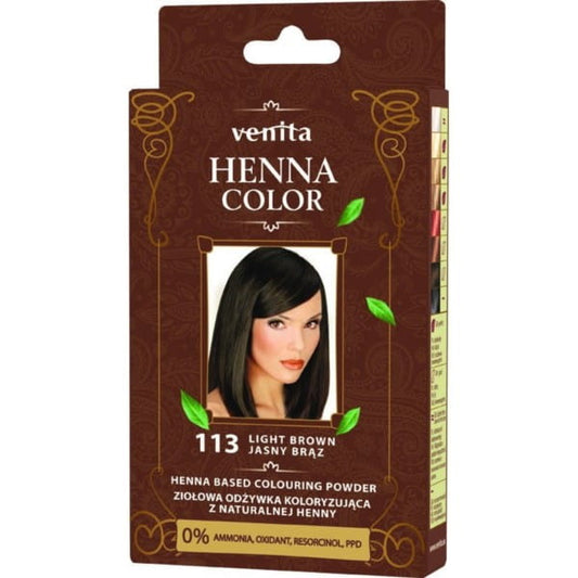 Hennapulver Nr. 113 hellbraun von VENITA, 25g, pflanzlicher Farbaufbereiter, in einer offenen Verpackung.