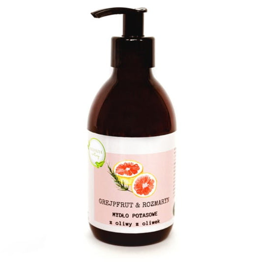 Flüssige Kaliumseife mit Grapefruit- und Rosmarin-Duft in 300 ml Flasche, von KOSZYCZEK NATURY, zeigt die Seifenflasche mit Früchten.