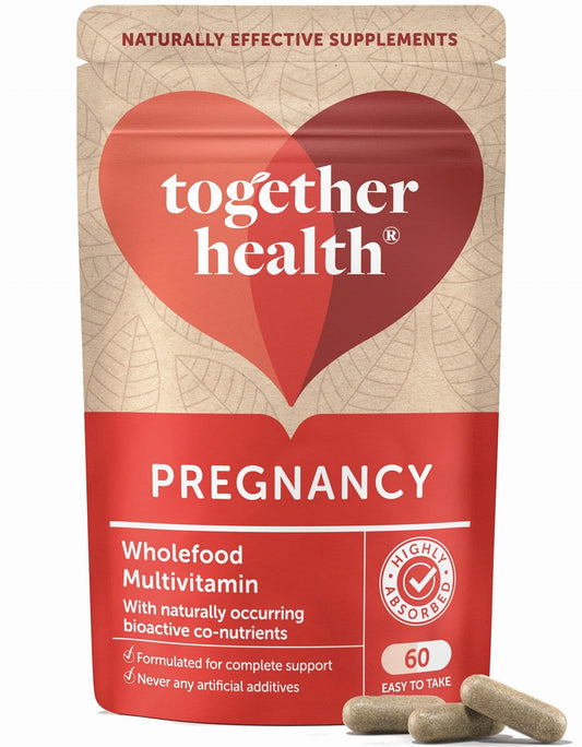 Schwangere Vitamine und Mineralien von Together in 60 Kapseln, Nahrungsergänzung für Schwangere, Nahaufnahme der Verpackung