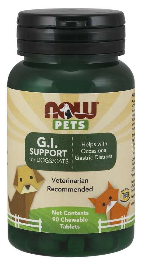 G.I. Support für Hunde und Katzen in 90 Tabletten, von NOW Pets, zeigt die Verpackung mit Tabletten und Produktbeschreibung
