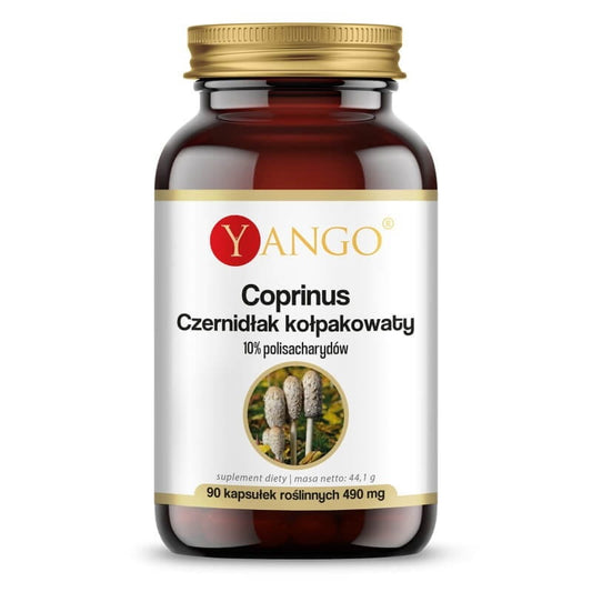 Yango Coprinus Ceruminous Kapseln, 90 Stück, close-up der schwarzen Kapseln in einer Packung.