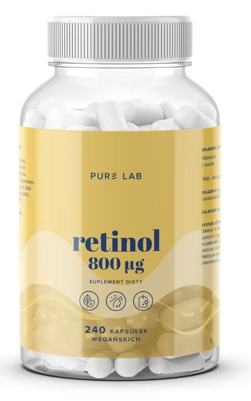 Dunkelgelbe Kapseln von PURE LAB Retinol 800 mcg Vitamin A, 240 Stück, in einer offenen Packung auf weißem Hintergrund