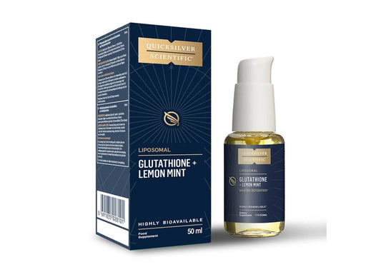 Liposomales Glutathion mit Zitronenminze von Quicksilver Scientific in 50 ml Flasche, zeigt die Flasche mit Zitronenminz-Design.