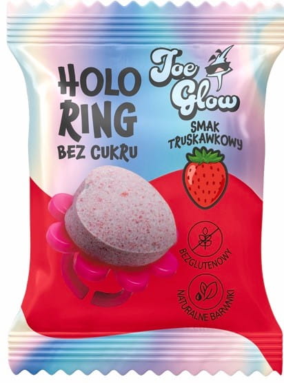 Bunter JOE GLOW HOLOPOPS zuckerfreier Erdbeergeschmack Lutscher, 6 g, im Sammelpaket, detailreiche Nahaufnahme