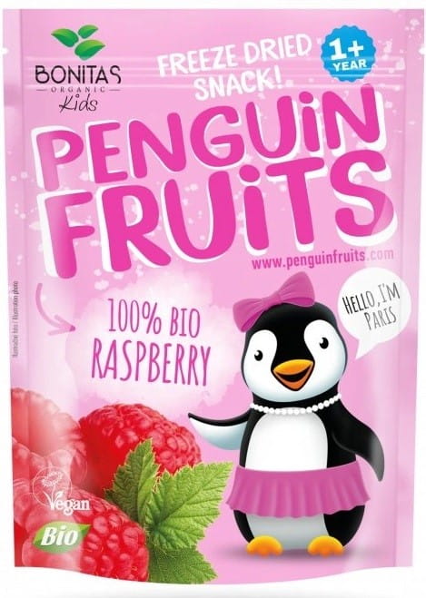 Gefriergetrocknete Bio-Himbeeren von BONITAS, 10 g, nahe Blick auf die getrockneten roten Beeren.