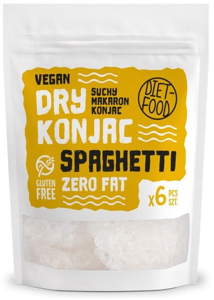 Trockenes Shirataki-Konjak-Spaghetti von DIET FOOD, 150g, kalorienarme und eiweißreiche Nudeln aus Konjakwurzel.