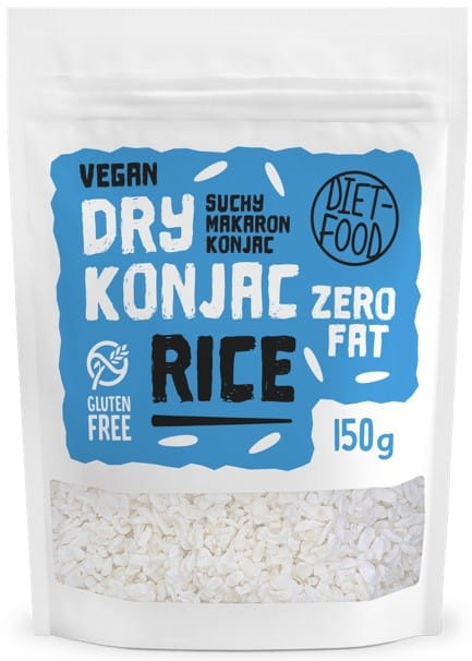 Getrocknete Shirataki Konjak-Reisnudeln von DIET FOOD, 150 g, mit transparentem Verpackungsbild und Nudeln im Beutel.