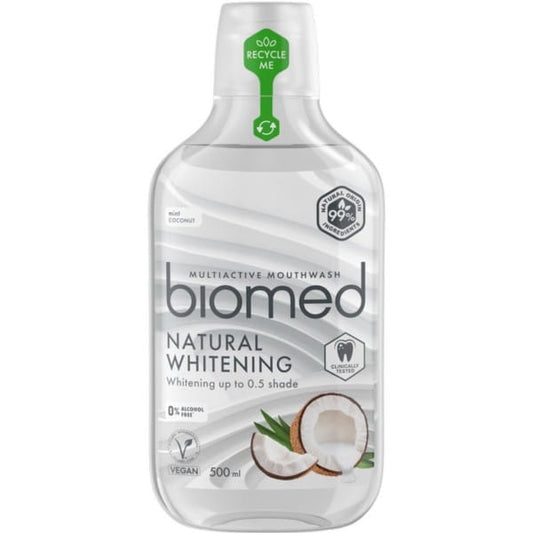 Mundspülung Biomed Whitening von splat, 0,5 Liter, Flasche mit weißem Deckel und transparentem Behälter, für helleres Lächeln