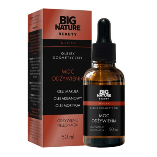 Großes Fläschchen Big Nature POWER OIL 50 ml für Haare, zeigt das Produkt in einer dunklen Flasche mit goldener Beschriftung
