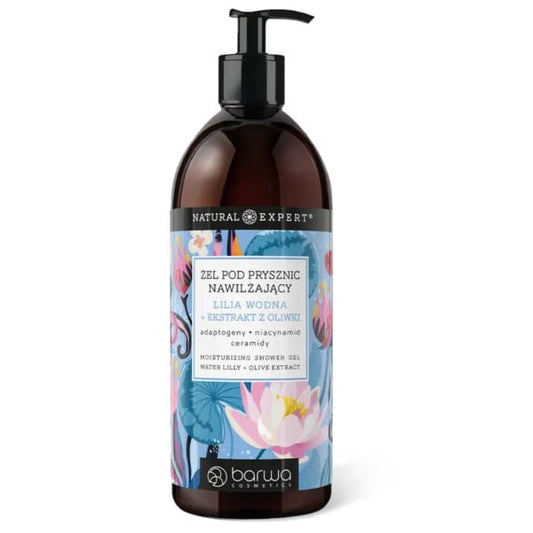 Barwa Feuchthalte-Duschgel in 480 ml Flasche, cremige Textur, ideal für feuchtigkeitsspendende Dusche, gelbe Verpackung.