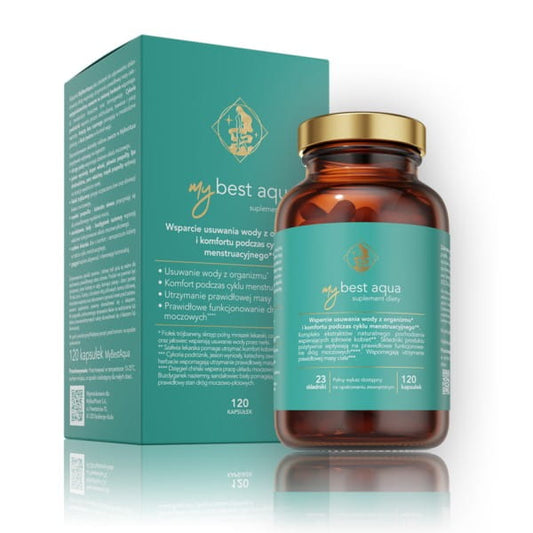 MyBestPharm MyBestAqua 120 Kapseln, Nahaufnahme der blauen Kapseln in einer Flasche, für Hydratation und Gesundheit