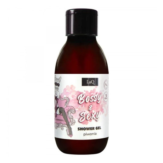 LAQ MINI Pfingstrose Duschgel in 100 ml Flasche, cremige Textur und blumiger Duft, zeigt die Produktverpackung und das Duschgel