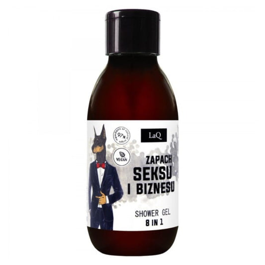 LAQ MINI Dobermann Duschgel 100 ml, transparente Flasche mit blauer Flüssigkeit, ideal für die tägliche Hautpflege.