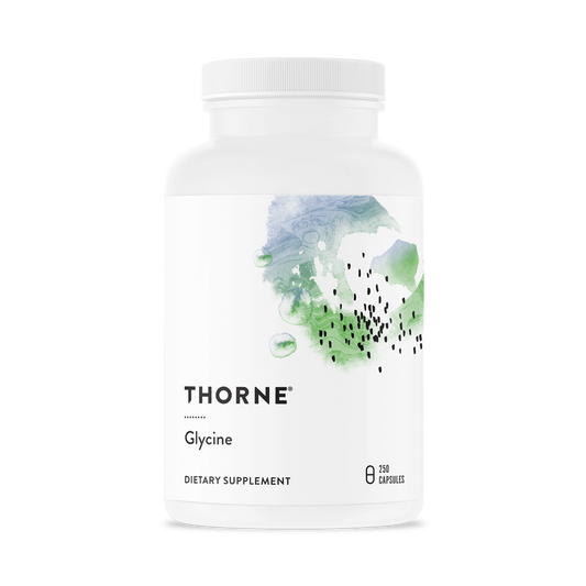 Weiße Glycine-Kapseln in einem Glas, Nahrungsergänzungsmittel von Thorne Research, 250 Kapseln.