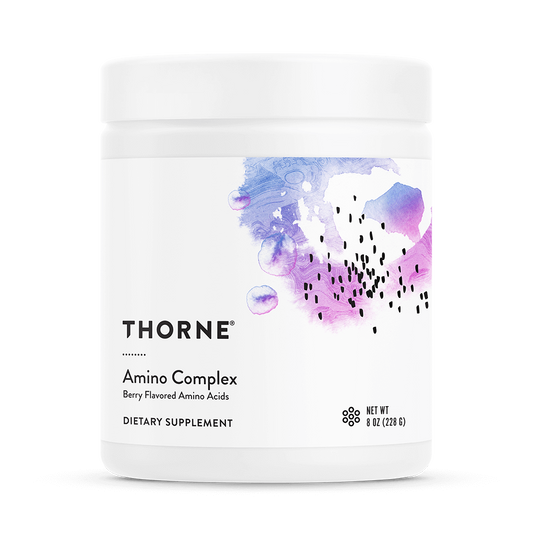 Aminosäurenkomplex von Thorne Research in einer 228 g Dose, zeigt das Produkt mit Pulver und Etikett.