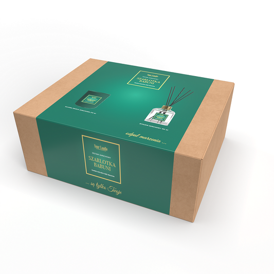 Saisonprodukt Granny Apple Pie Geschenkset von YOUR CANDLE mit Kerze und Apfel-Design, perfekt als Geschenk.
