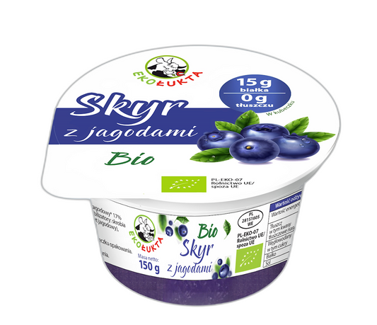 BIO SKYR Joghurt mit Heidelbeeren von EKO ŁUKTA, cremig und fruchtig in 150 g Becher, frische Heidelbeeren obenauf